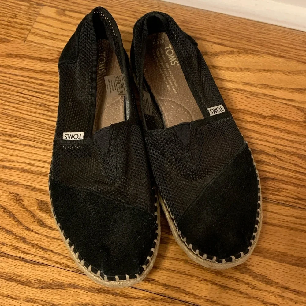Black Mesh Suede Tom’s Alpargata Flats Shoes Espadrilles - Picture 2 of 7